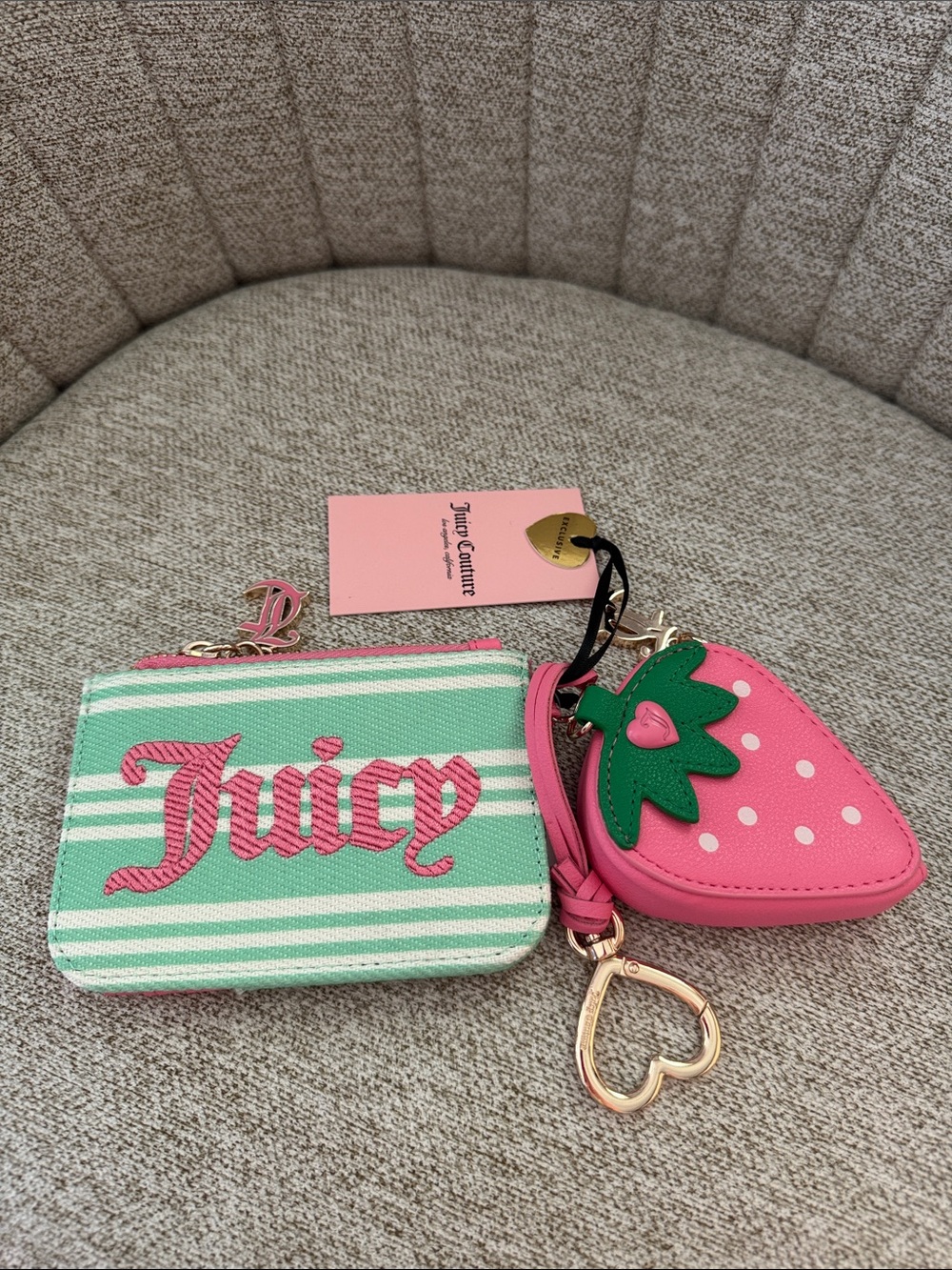 New Juicy Couture Pink & Mint Strawberry Wallet Keychain Set